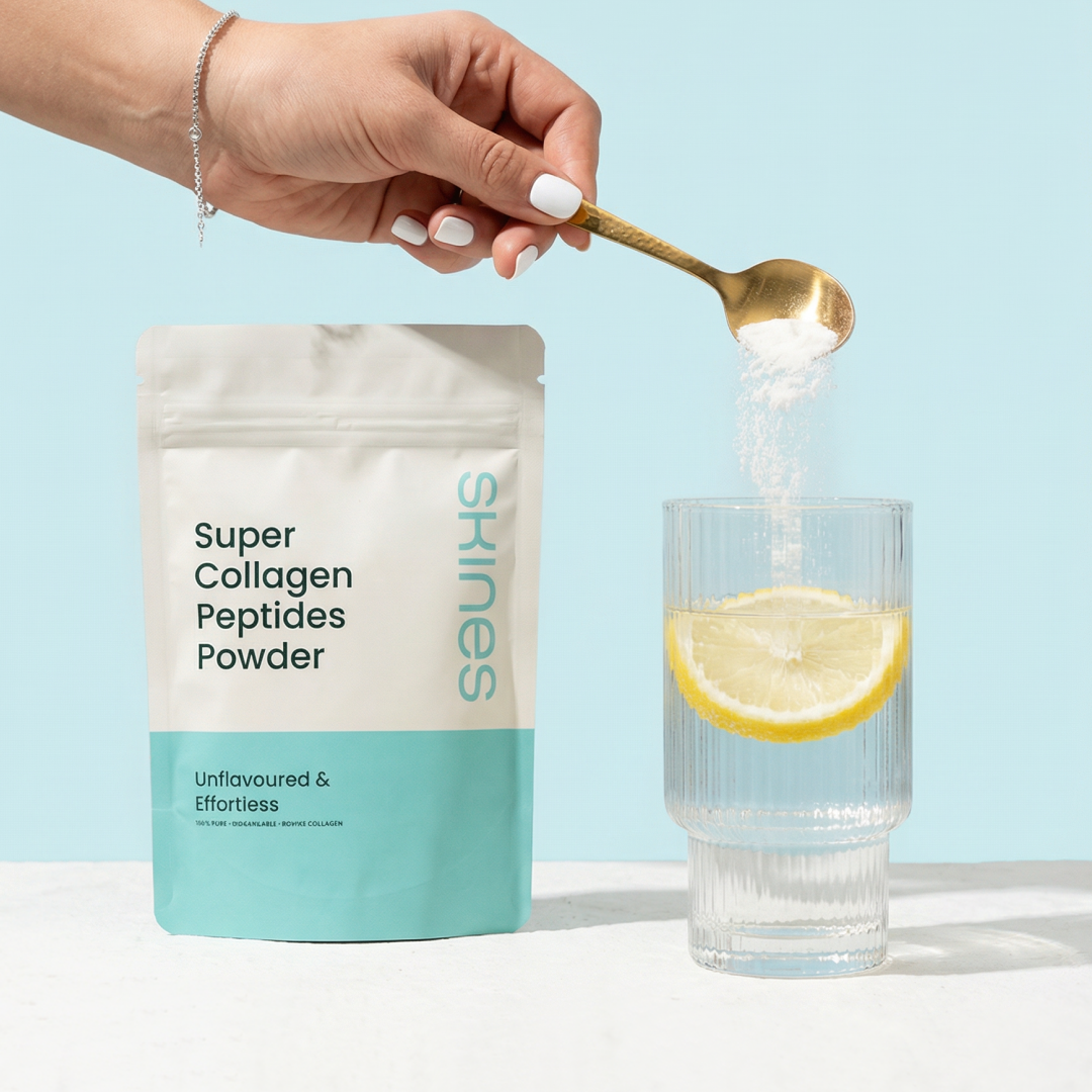 Super Collagen Peptides white powder on a light blue background | SKINES