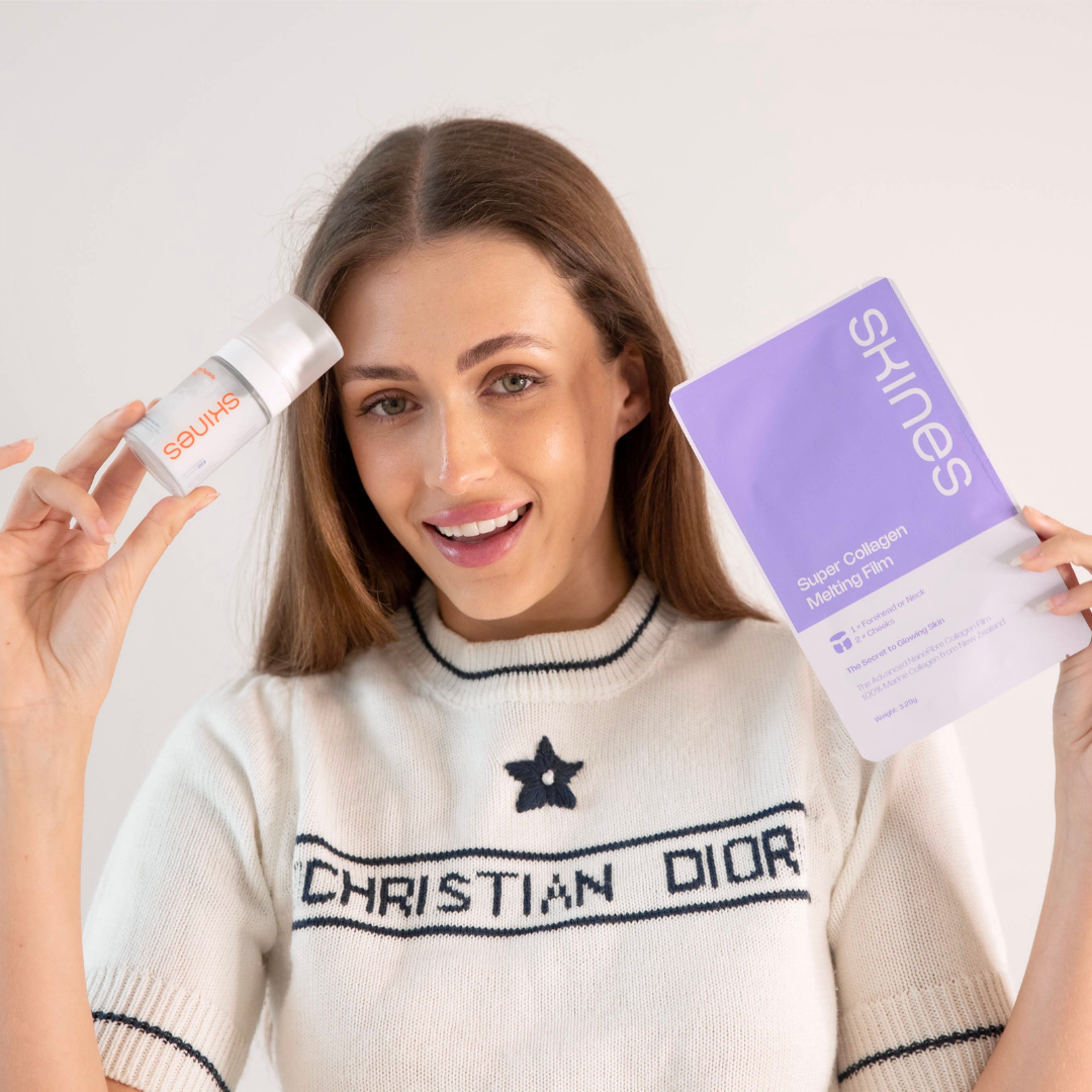 Woman Holding Collagen Film & Peptide Mist in Hands | SKINES Beauty