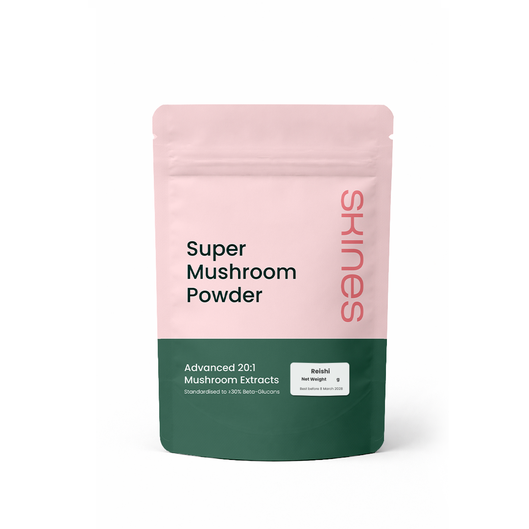 Pink and green package of Reishi Super Mushroom Powder on a white background | SKINES